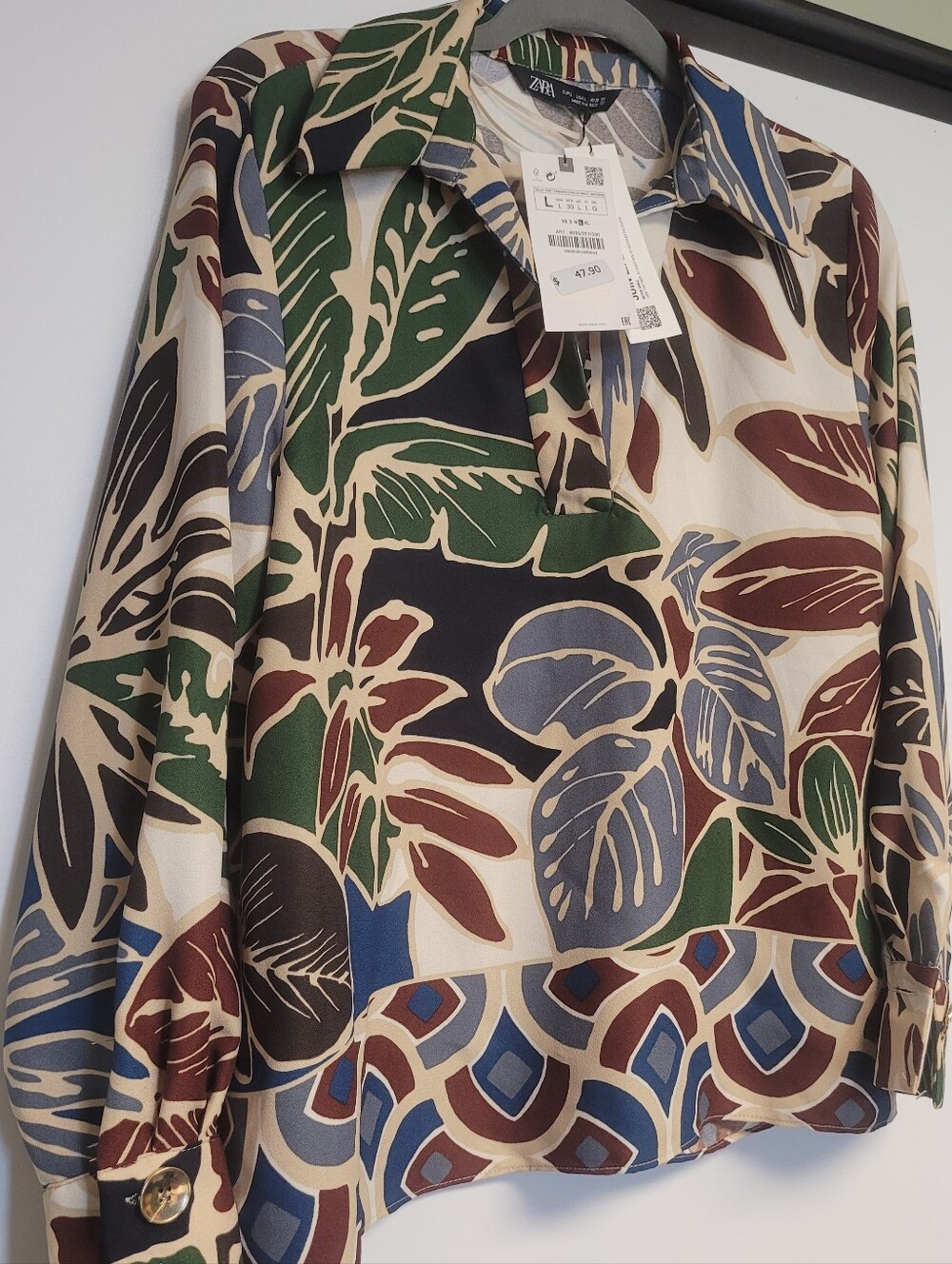 NWT Zara Abstract Tropical Print Relaxed Fit Long Sleeve Blouse Large - Picture 5 of 8